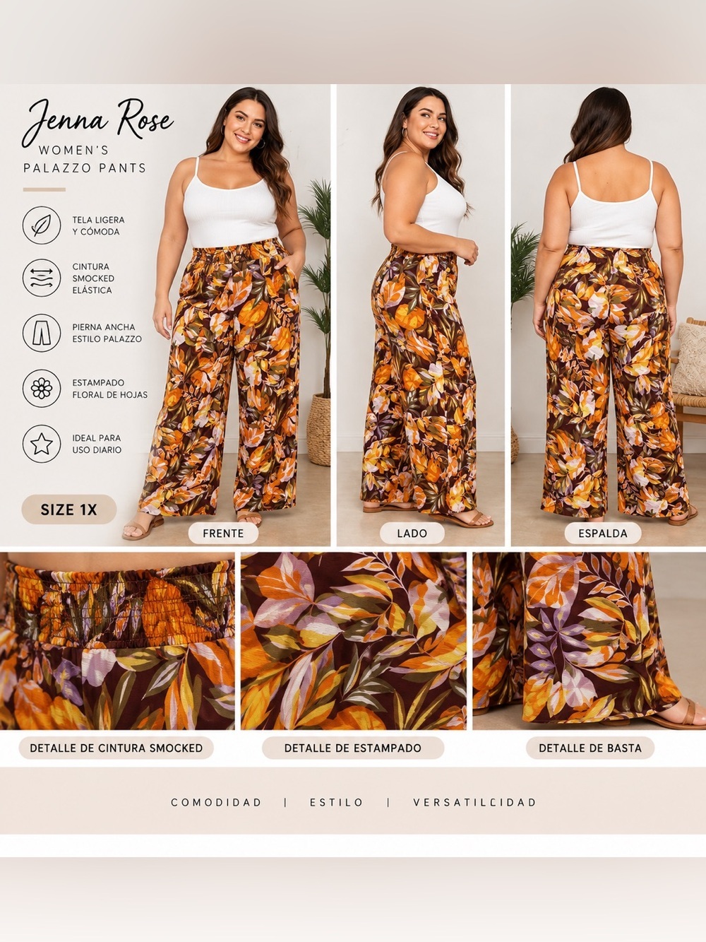 Jenna Rose Women’s 1X Floral Leaf Wide Leg Palazzo Pants Smocked Waist NWT